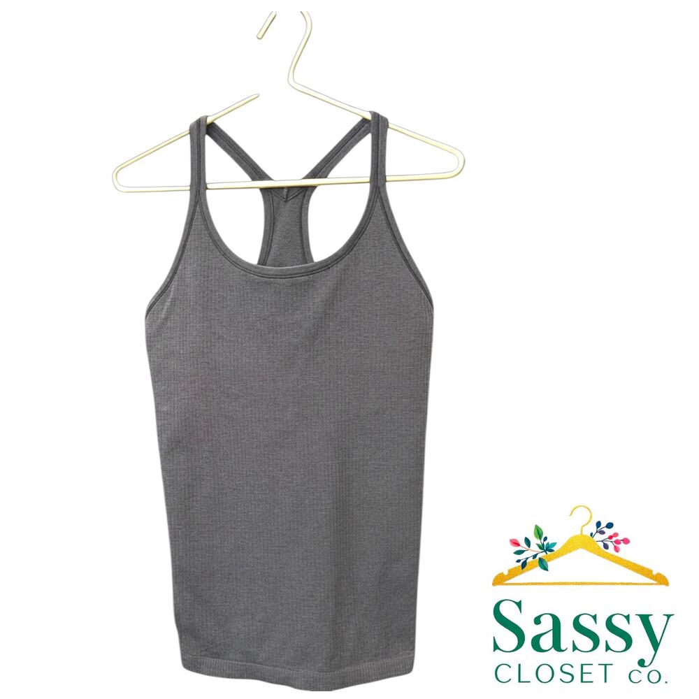 LULULEMON Gray Ribbed Racerback Tank Top 6 Built In Shelf Bra Workout